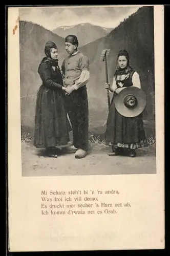 AK Mann und zwei Frauen in elsass-lothringischer Tracht