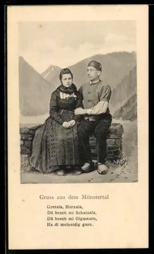 AK Paar in elsass-lothringischer Tracht vor Gebirgspanorama