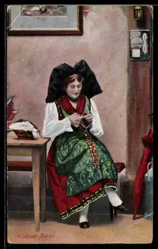 AK Sitzende Frau in elsass-lothringischer Tracht