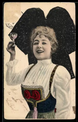 AK Hübsche Frau mit Weinglas in elsass-lothringischer Tracht