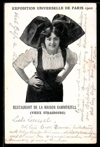 AK Hübsche Frau in elsass-lothringischer Tracht, Restaurant de la Maison Kammerzell