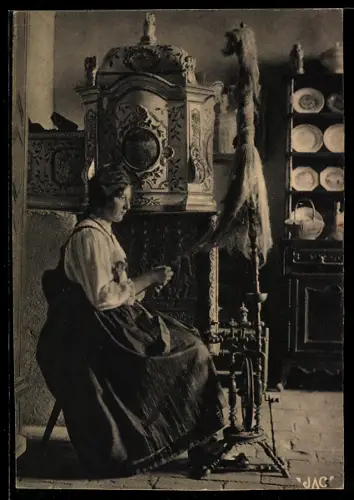 AK Frau am Spinnrad in elsass-lothringischer Tracht