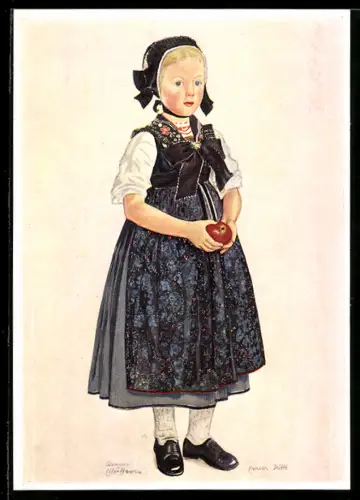 AK Mädchen mit rotem Apfel in elsass-lothringischer Tracht