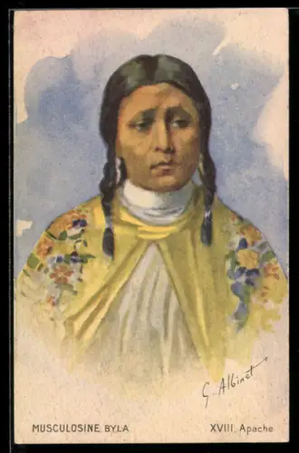 Künstler-AK Indianerin aus dem Stamm der Apachen, Musculosine Byla