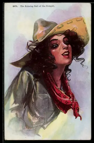 Künstler-AK sign. L. Peterson: The Echoing call of the cowgirl