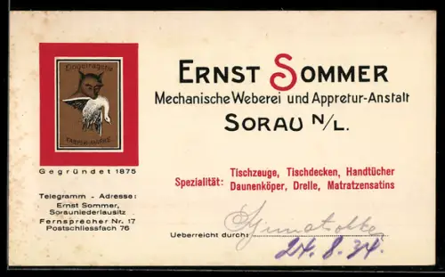 Vertreterkarte Sorau /N. L., Mechanische Weberei und Appretur-Anstalt Ernst Sommer, Fabrik-Marke