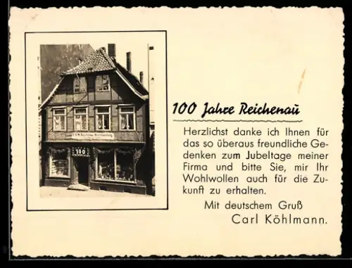 Vertreterkarte Reichenau, Buchhandlung von Carl Köhlmann, Dekoriertes Geschäft zum 100. Jubiläum