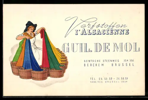 Vertreterkarte Brussel, Vertstoffen l`Alsacienne, Guil. de Mol, Gentsche Steenweg 354, Frau beim Färben