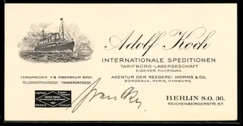 Vertreterkarte Berlin, Adolf Koch, Internationale Spedition, Reichenbergerstrasse 57, Schiff auf hoher See