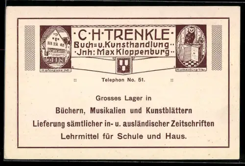 Vertreterkarte Rothenburg, C.H. Trenkle, Buch- und Kunsthandlung, Inh. Max Kloppenburg, Eule sitzt auf Büchern