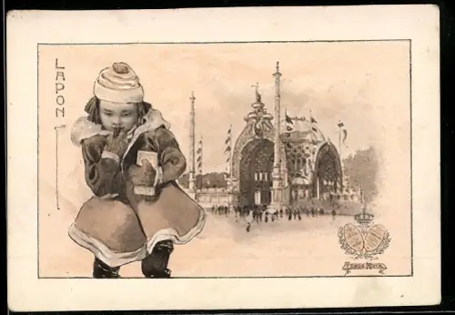 Vertreterkarte Paris, Lombart, Le chocolat Lombart a l`exposition, 11. Blvd. des Italiens, Kind in Winterkleidung