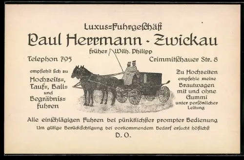 Vertreterkarte Zwickau, Paul Herrmann, Luxus-Fuhrgeschäft, Crimmitschauer Str. 8, Kutsche mit Pferden