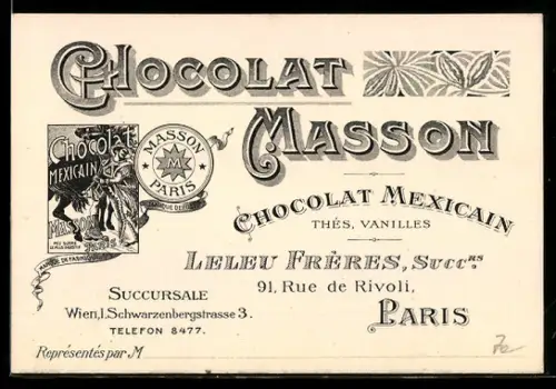 Vertreterkarte Paris, Chocolat Masson, Rue de Rivoli, Chocolat Mexicain, Logo und Mann im Poncho neben einem Pferd
