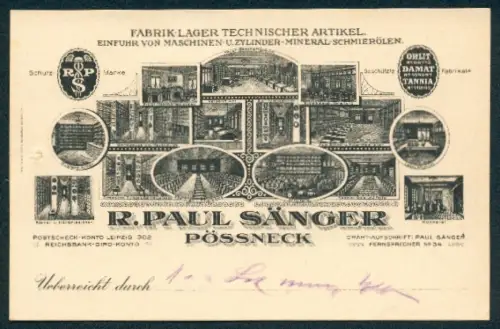 Vertreterkarte Pössneck, R. Paul Sänger, Fabrik-Lager Technischer Artikel, Verschiedene Lagerräume