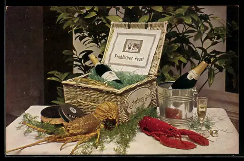 Vertreterkarte Kupferberg, Sektflaschen in einem Geschenkkorb auf reich geschmücktem Tisch
