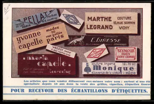 Vertreterkarte Paris, G. Pucheu, La Maison, Spécialité en griffes et étiquettes tissées, Rue Vivienne 41