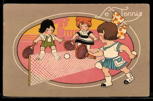 Vertreterkarte Paris, Chassures Raoul, Boulevard Haussmann 72, Les plus hautes Nouveautés, Kinder beim Tennis