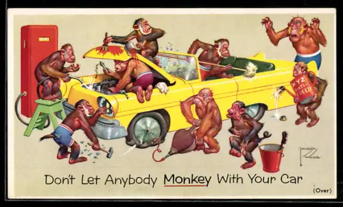 Vertreterkarte Prestone Anti-Freeze mit Angeboten zur Kraftfahrzeugwartung, Affen zerstören ein Auto