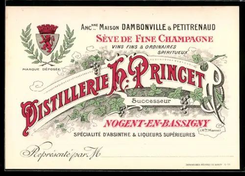 Vertreterkarte Nogent-en-Bassigny /Hte-Marne, Distillerie H. Pringet Successeur, Name der Firma mit Weinreben