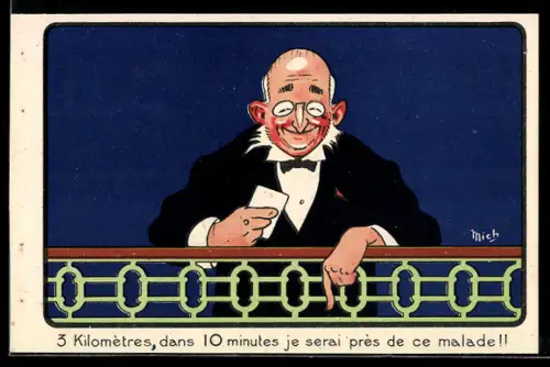 Werbebillet Fahrrad Dame Routière, Mann im Anzug an einem Geländer