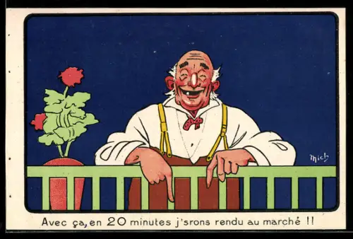 Werbebillet Fahrrad Touriste Equipée a l`Anglaise, Lachender Mann an einem Geländer