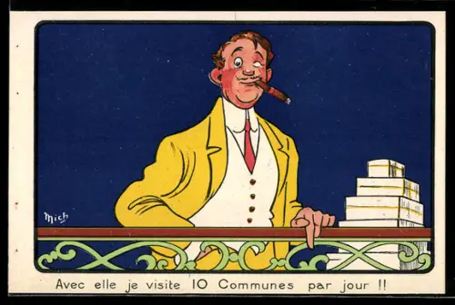 Werbebillet Fahrrad Tour de France, Herr mit Zigarre im Anzug