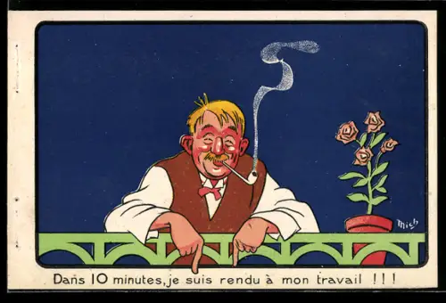 Werbebillet Fahrrad Routiere, Glücklicher Herr mit Pfeife neben einer Rose