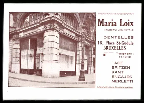 Vertreterkarte Bruxelles, Maria Lois, Manufacture de Lace, Place St-Gudule 18, Ansicht des Geschäfts, Karte der Umgebung