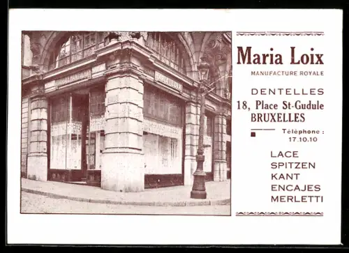 Vertreterkarte Bruxelles, Maria Lois, Manufacture de Lace, Place St-Gudule 18, Ansicht des Geschäfts, Karte