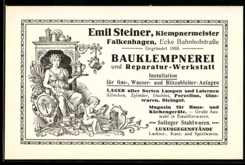 Vertreterkarte Falkenhagen, Emil Steiner, Bauklempnerei und Reparaturwerkstatt, Ecke Bahnhofstrasse, Kleiner Engel