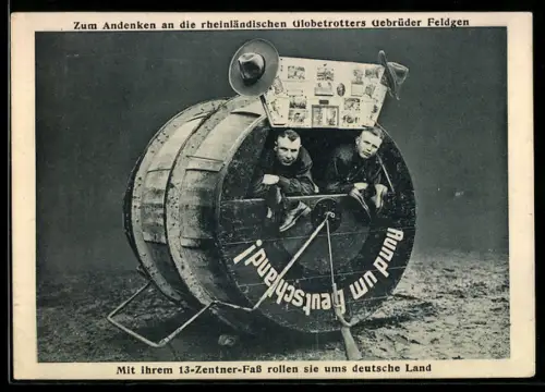 Werbebillet Gebrüder Feldgen, Die Brüder in ihrem 13-Zentner Fass