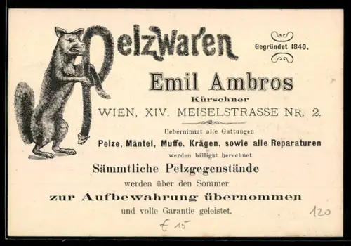 Vertreterkarte Wien, Emil Ambros, Pelzwaren, Meiselstrasse 2, Schriftzug als Pelz, Ansichten des Geschäfts