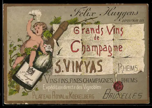 Vertreterkarte Bruxelles, Felix Huygens, Grands Vins de Champagne, Kleiner Engel auf Weinflasche