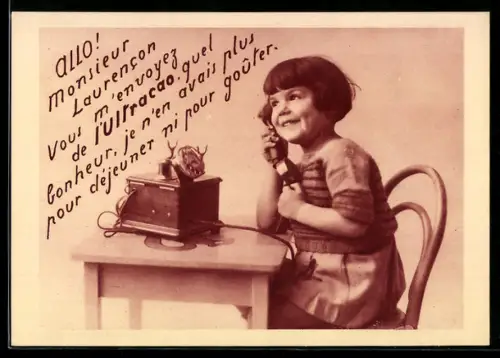 Vertreterkarte Villefranche-en-Beaujolais /Rhône, J. Laurencon, Laboratoire d`Actino-Biologie, Kind am Telefon