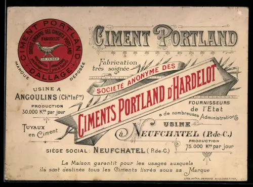 Vertreterkarte Neufchatel /P.-de-C., Coment Portland d`Hardelot, Fabrication de ciment, Logo der Firma