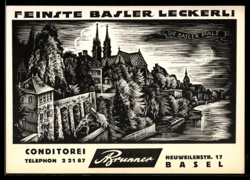 Vertreterkarte Basel, Conditorei Brunner, Neuweilerstrasse 17, Stich mit Ortsansicht