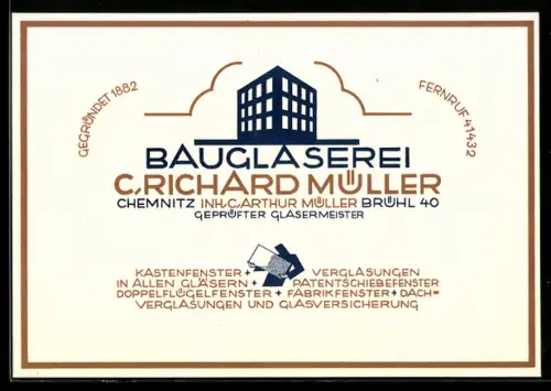 Vertreterkarte Chemnitz, C. Richard Müller, Bauglaserei, Brühl 40, Minimalistische Darstellung des Werkes