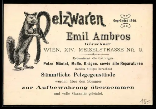 Vertreterkarte Wien, Emil Ambros, Pelzwaren, Meiselstrasse 2, Schriftzug als Pelz, Ansichten des Geschäfts