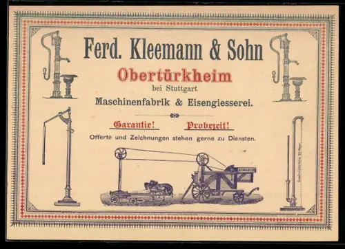 Vertreterkarte Obertürkheim bei Stuttgart, Ferd. Kleemann & Sohn, Maschinenfabrik nd Eisengiesserei, Versch. Maschinen