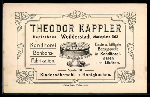 Vertreterkarte Weilderstadt, Theodor Kappler, Konditorei Bonbons-Fabrik, Marktplatz 362, Dekorierter Kuchen