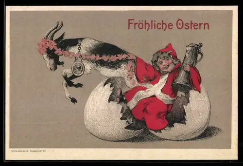 Werbebillet Frankfurt a. M., Frankfurt Bürgerbräu, Kindl im Osterei mit Ziege