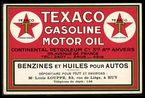 Vertreterkarte Huy, Louis Louppe, Texaco Gasoline Motor Oil, Rue de Liége 83