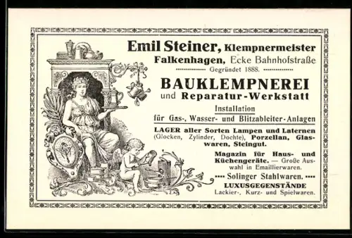 Vertreterkarte Falkenhagen, Emil Steiner, Bauklempnerei und Reparatur-Werkstatt, Engelchen bei der Arbeit