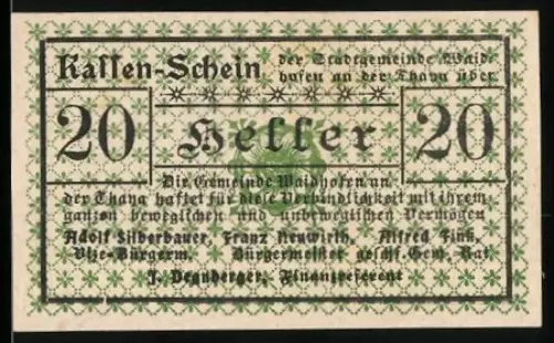 Notgeld Waidhofen a. d. Thaya 1920, 20 Heller, grünes Muster mit Text und Stempel