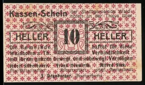 Notgeld Waidhofen a. d. Thaya 1920, 10 Heller, florales Design mit zentralem Wappenornament