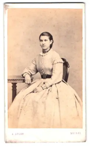 Fotografie A. Adler, Neisse, Paradeplatz, Sitzende Frau in elegantem Kleid