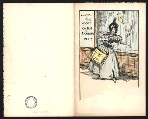 Vertreterkarte Paris, Lucien Levy Modes, Rue de Richelieu 104, Dame mit grosser Hutschachtel