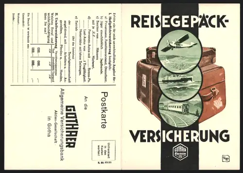 Vertreterkarte Gotha, Gothaer Allgemeine Versicherungsbank, Aktien-Gesellschaft, Koffer, Flugzeug, Passagierschiff