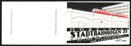Vertreterkarte Wien, Möbelhaus Stadtbahnbogen, Thaliastrasse 23, Leitung Anton Skoda, Ansicht der Stadtbahn