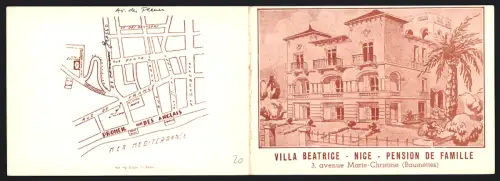 Vertreterkarte Nice, Villa Beatrice, Pension de Famille, Avenue Marie-Christine 3, Aussenansicht vom Hotel, Ortsplan